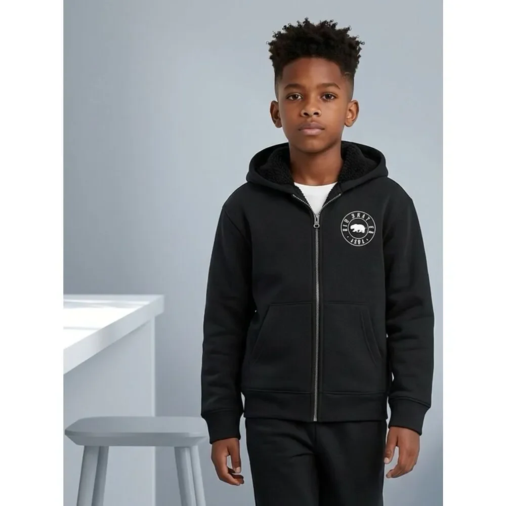 EUC Old Navy Child Kids Black Full Zip Hoodie Sherpa Lined Logo Jacket. - Size M